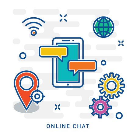 Online chat, social media network connection concept. People in a social network. Concept for social network in flat design. Globe, smartphone, location icon, wi fi. Eps 10のイラスト素材