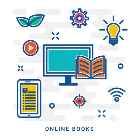 Online library, online books. Flat line design website banner of e-learning, e-book, online education. Modern vector illustration for web design, marketing and print material. Eps 10のイラスト素材