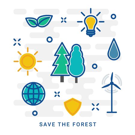 Set of flat line design icons of nature, ecology, green technology and recycling. Wind Turbine, Global Warming, Energy Saving, Solar Battery. Vector illustration, eps 10のイラスト素材