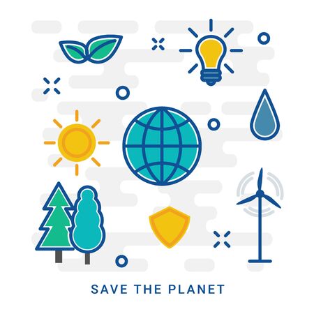Planet saving vector template. Nature protection. Ecology. Earth day. Save the planet. Brochure, magazine, booklet design with linear icons and text. Concept illustrations, eps 10のイラスト素材