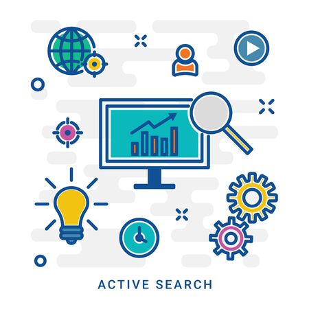 Active search, searching web page line icon. Browser window with magnifying glass linear style sign for mobile concept and web design. Web search outline vector icon. Symbol, logo illustration. Vector graphicsのイラスト素材