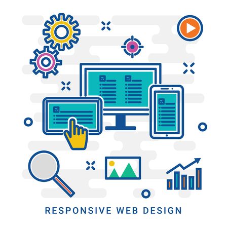 Responsive web design and web development vector illustration. Desktop, smartphone and tablet. Linear concept icons. Good for blog, website, print, template, brochure, flyer or any business media. Eps 10のイラスト素材