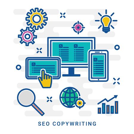 Seo copywriter and seo copywriting. Creative writing of articles and information, seo website promotion, work in office and freelance. Illustration thin line design of colorful icons, infographics elements. eps 10のイラスト素材