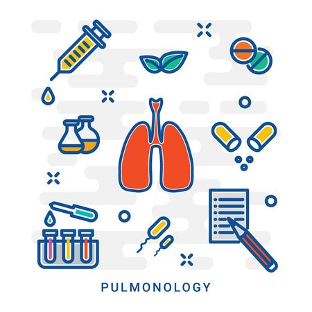 Icon of lung disease, pneumonia, asthma, cancer in the form of lung anatomy and viruses, bacteria causing disease. Against smoking concept. Icon in colorful linear style, eps 10のイラスト素材