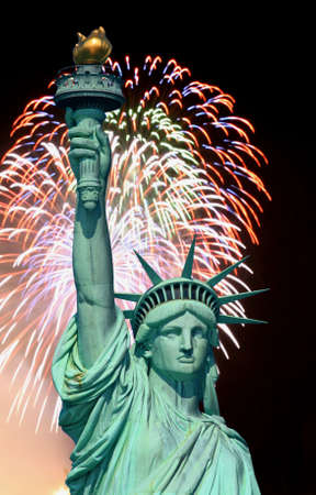The Statue of Liberty and July 4th Fireworkの写真素材