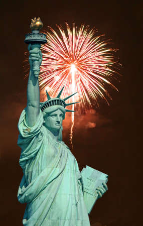 The Statue of Liberty and July 4th Fireworkの写真素材