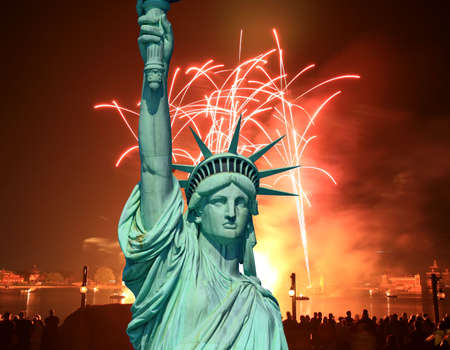 The Statue of Liberty and July 4th Fireworkの写真素材