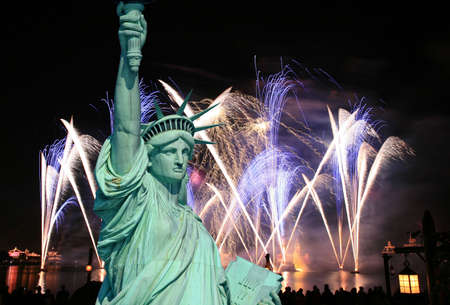 The Statue of Liberty and July 4th Fireworkの写真素材