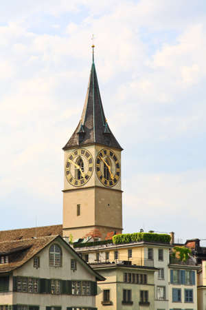 St. Peter's Church tower with Europe?s largest church clock face in Zurichの写真素材