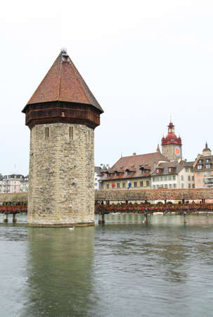 The covered bridge on Ruess River in downtown Luzern Switzerland  の写真素材
