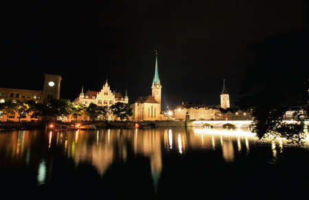 The night view of major landmarks in Zurich Switzerland の写真素材