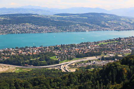 The aerial view of Lake Zurich from the top of Mount Uetlibergの写真素材