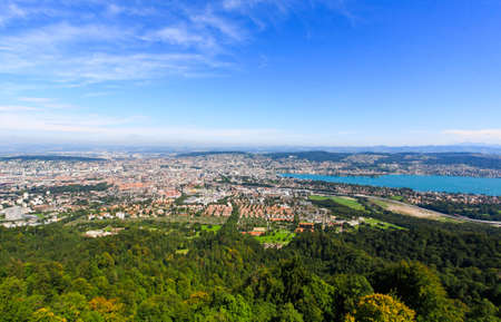 The aerial view of Zurich City from the top of Mount Uetliberg
