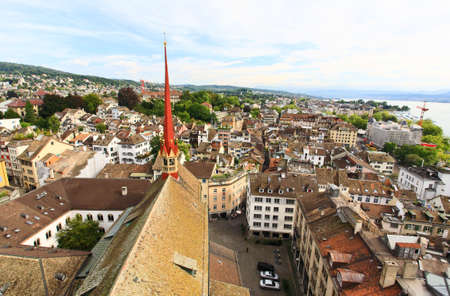 The aerial view of Zurich cityscape from the tower of famous Grossmunster Cathedral の写真素材