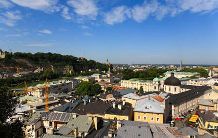 The aerial view of Salzburg City, Austria from Kapuziner Klosterの写真素材