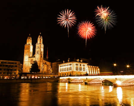 The Zurich City Skyline at night with firework illustrationの写真素材