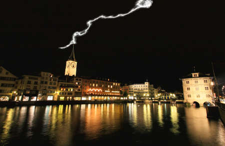 The night view of major landmarks in Zurich Switzerlandの写真素材