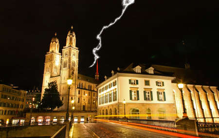 The night view of major landmarks in Zurich Switzerlandの写真素材