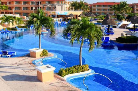 a luxury all inclusive beach resort at night in Cancun Mexicoのeditorial素材