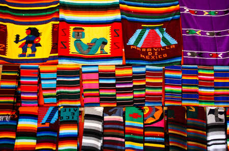 Mayan Blankets hanging at a Mayan souvenir shopの写真素材