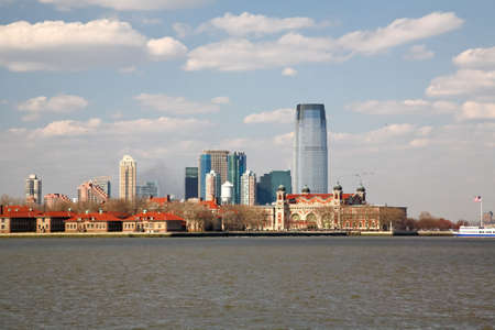 The Ellis Island and the office buildings in New Jerseyの写真素材