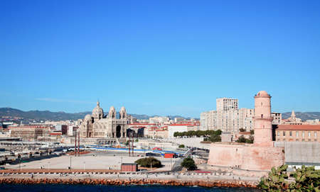 The Cathedral and Fort Saint-Jean in Marseille City, Franceの写真素材