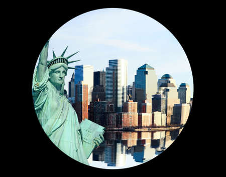 The statue of Liberty and Manhattan Skyline NYCの写真素材