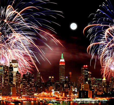 The New York City skyline and holiday fireworksの写真素材