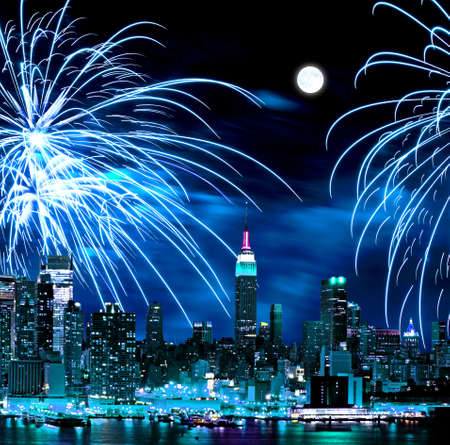 The New York City skyline and holiday fireworksの写真素材