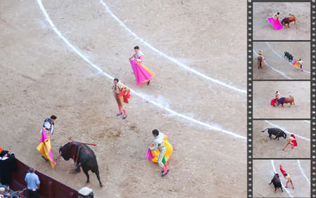 Madrid - OCTOBER 1: A bull is dying in a bullfight in the famous Plaza de Toros are watching the bullfight on OCTOBER 1, 2010 in Madrid. Spain.のeditorial素材