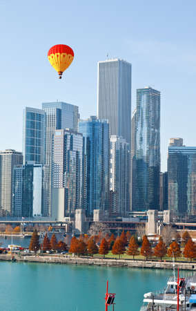 The Chicago Skyline and Navy Pier along the lake shoreの写真素材