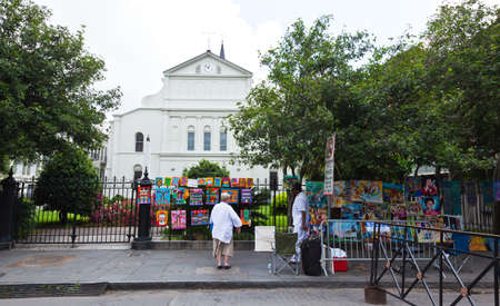 NEW ORLEANS, LOUISIANA - APRIL 3: art and paintings displayed in Jackson Square April  3,2011 in New Orleans, where tourists and locals enjoyed on a sunny weekend in Spring.のeditorial素材
