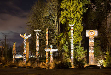 The Totems in Stanley Park Vancouver at nightの写真素材