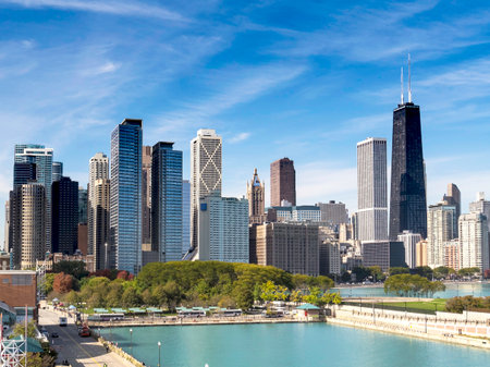 Chicago city skyline with skyscrapers from the Navy Pierの写真素材