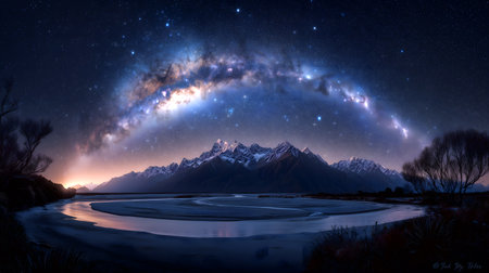 Stunning Milky Way Reflected in a Serene Mountain Lakeの写真素材