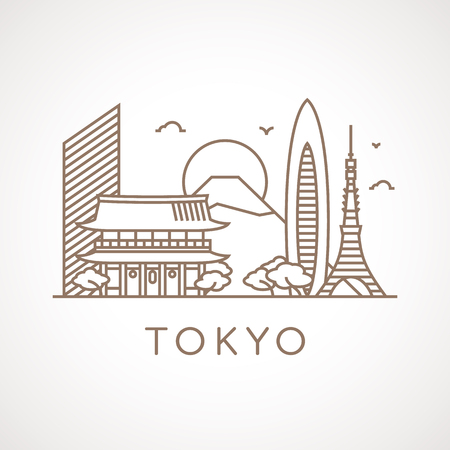 Trendy line illustration of Tokyo with different famous buildings and places of interest. Modern vector line-art design.のイラスト素材