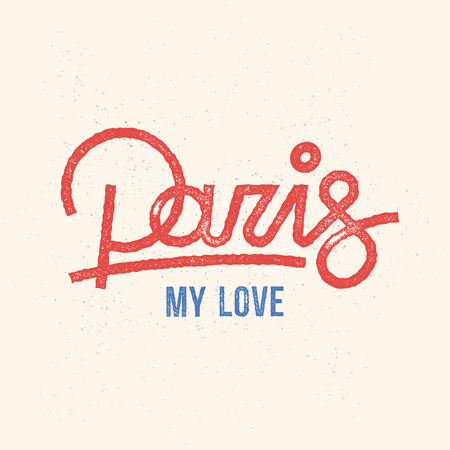 Vector oldschool textured Paris city vintage print. Retro hand made custom lettering design. Hand drawn typographic composition. Lineart calligraphy.のイラスト素材