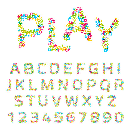 font made of geometric shapes. Vivid trendy typeface. Square, triangle, circle and cross shapes.のイラスト素材