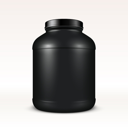 Super realistic sport nutrition container without label. Whey protein and mass gainer black plastic jar isolated on white background.のイラスト素材