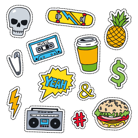 Set of masculine sketchy patches. Different trendy badges and pins. Oldschool vector pictograms in line-art style with 90's colors. Skate, mixtape, coffee and lightning bolt icons.のイラスト素材