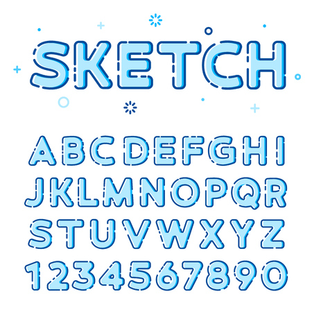 Funny sketchy vector font in line-art style with colorful fills. Ideal to use in web design or in printing design. Trendy modern vector style. Latin letters from A to Z and numbers from 0 to 9.のイラスト素材