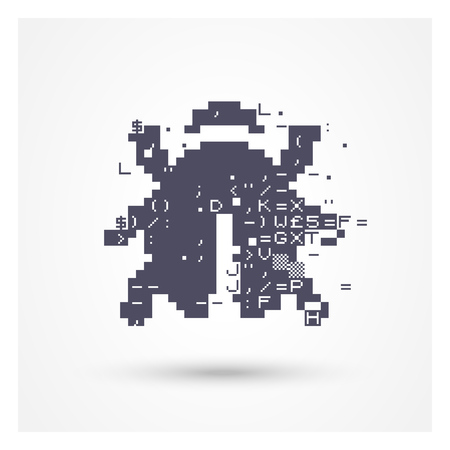 Vector glitch software bug icon. Beetle pictogram with glitch effect: random numbers and symbols.のイラスト素材