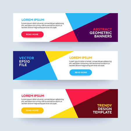 Set of three vector abstract baners. Trendy modern flat material design style. Blue, red and yellow colors. Text placeholder.のイラスト素材