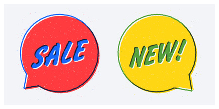 Vector SALE and NEW banners in rough hand drawn style. Red and yellow round speech bubbles with blue and green outlines.のイラスト素材