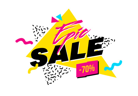 Vector memphis style banner with New Arrival label. Bright geometric shapes and textures. 90s or 80s design template ready to be used in poster, email or advertisement.のイラスト素材