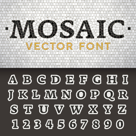 Vector mosaic floor style font. Latin letters from A to Z and numbers from 0 to 9 made of pavement stones. Beautiful classic design.のイラスト素材