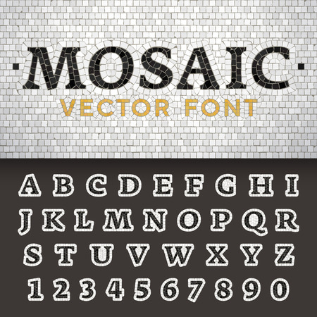 Vector mosaic floor style font. Latin letters from A to Z and numbers from 0 to 9 made of pavement stones. Beautiful classic design.のイラスト素材