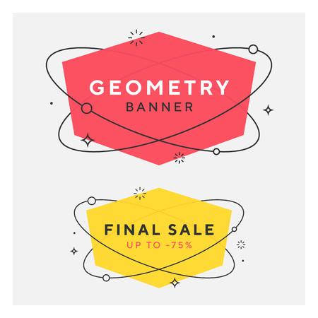 Set of trendy flat geometric vector banners. Vivid transparent banners in retro poster design style. Vintage colors and shapes. Red and yellow colors. 90s or 80s memphis style.のイラスト素材