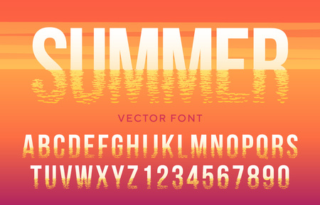 Vector summer font made of sun light reflection in the sea. Latin alphabet from A to Z and numbers from 0 to 9 in sunset beach style.のイラスト素材