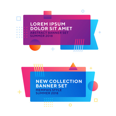 Abstract geometric vector banners in modern memphis design style. Different shapes with vivid gradients: square, circle, triangle. Copyspace for your text. Ready to use in web design or advertisement.のイラスト素材